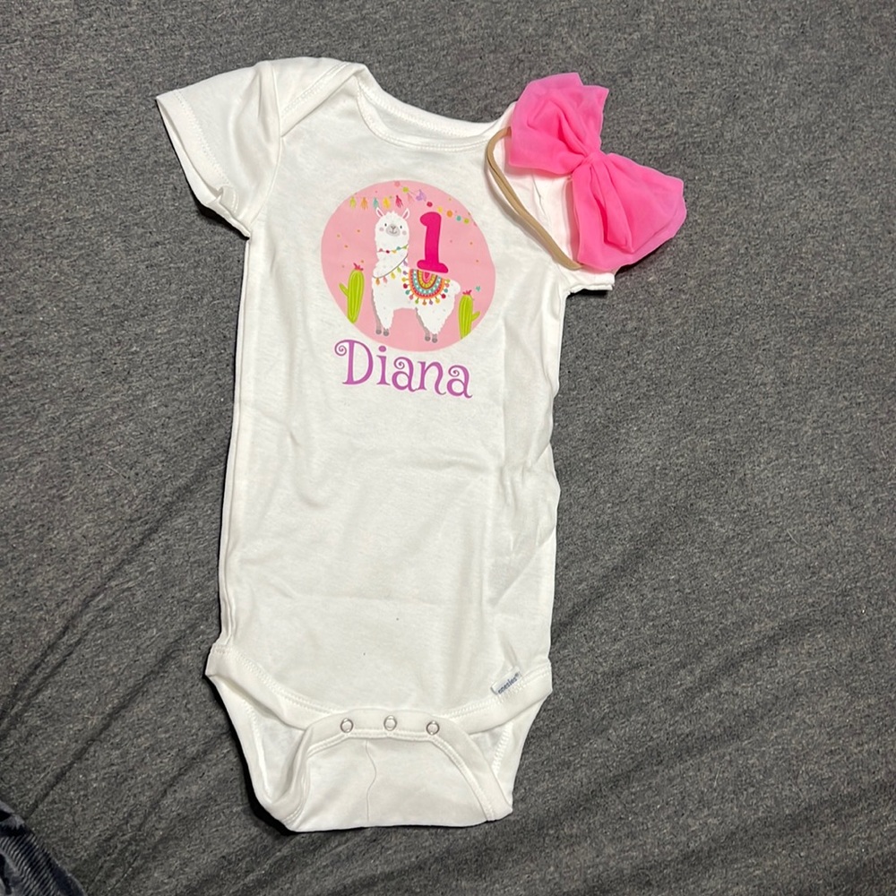 “Diana” Llama 1st Birthday Onesie with Matching Bow